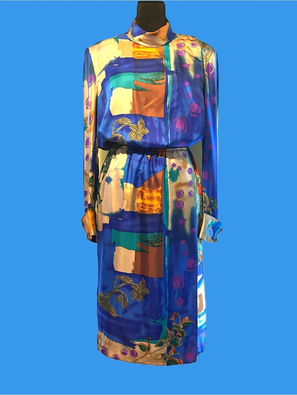 NWOT, Never Worn Vintage Louis Feraud Silk Multicolor High Neck Dress Size US 10